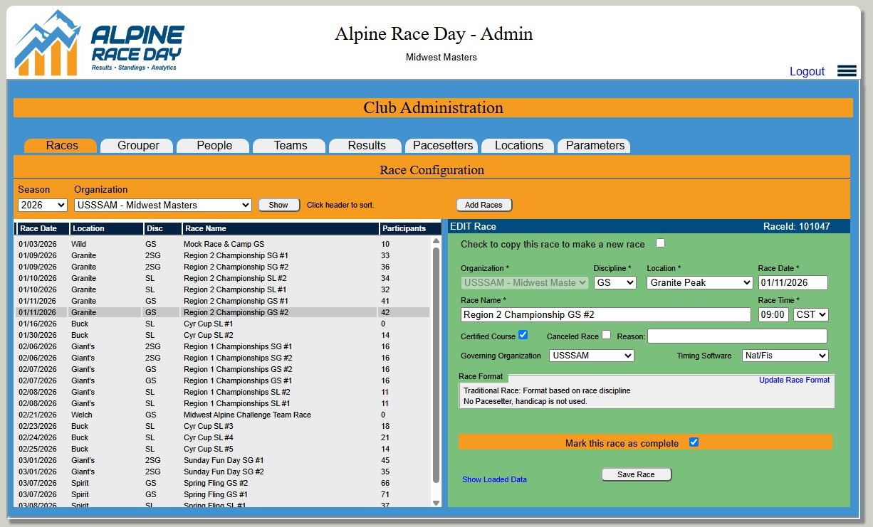 Alpine Race Day Club Administration screen showing race configuration